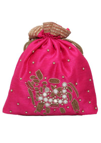 Pink Potli Bag In Raw Silk With Mirror And Zardosi Embroidered Elephant Motif By Pink Cocktail