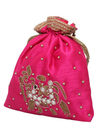 Pink Potli Bag In Raw Silk With Mirror And Zardosi Embroidered Elephant Motif By Pink Cocktail