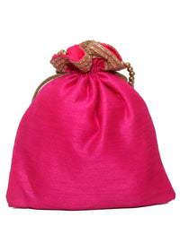 Pink Potli Bag In Raw Silk With Mirror And Zardosi Embroidered Elephant Motif By Pink Cocktail