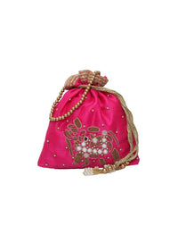 Pink Potli Bag In Raw Silk With Mirror And Zardosi Embroidered Elephant Motif By Pink Cocktail