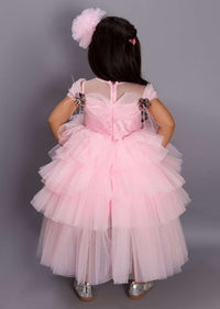 Pink Princess Dress In Net With Layers And Fancy Princess Cape With Sequins And Fur Online - Kalki Fashion