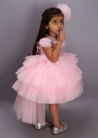 Pink Princess Dress In Net With Layers And Fancy Princess Cape With Sequins And Fur Online - Kalki Fashion