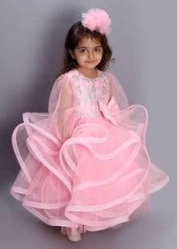 Pink Princess Gown In Net With Fancy Layers And Glitter Work On The Bodice Online - Kalki Fashion