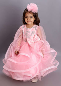 Pink Princess Gown In Net With Fancy Layers And Glitter Work On The Bodice Online - Kalki Fashion