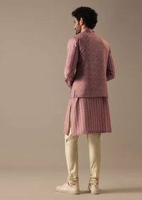 Pink Printed Bundi And Kurta Set In Silk