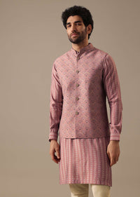 Pink Printed Bundi And Kurta Set In Silk