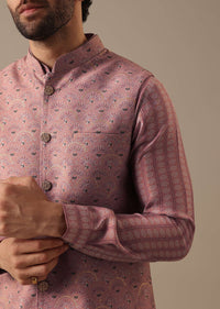 Pink Printed Bundi And Kurta Set In Silk