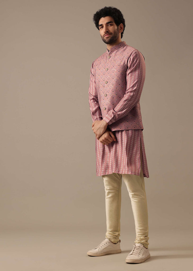 Pink Printed Bundi And Kurta Set In Silk