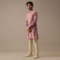 Pink Printed Bundi And Kurta Set In Silk