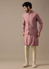 Pink Printed Bundi And Kurta Set In Silk