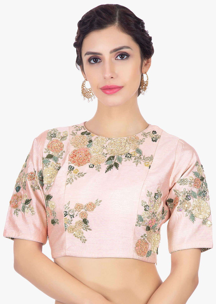 Pink raw silk blouse in velvet and zari floral embroidery