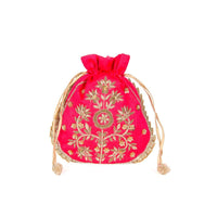 Pink raw silk potli bag in zardosi and sequins butti kalki