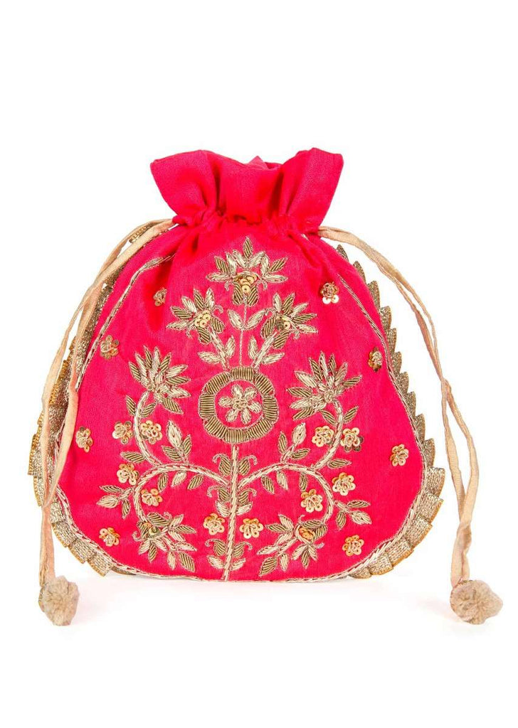 Pink raw silk potli bag in zardosi and sequins butti kalki