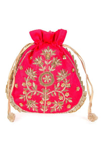 Pink raw silk potli bag in zardosi and sequins butti kalki