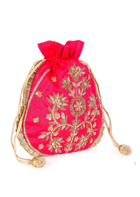 Pink raw silk potli bag in zardosi and sequins butti kalki