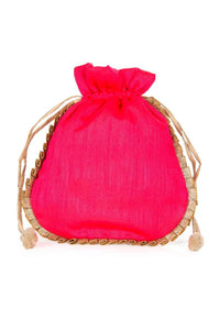 Pink raw silk potli bag in zardosi and sequins butti kalki