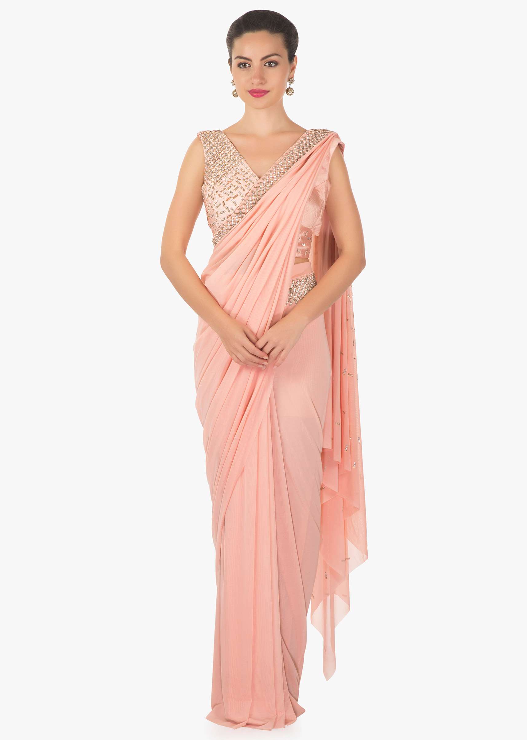 Pink ready pleated saree in lycra net embellished in kundan work