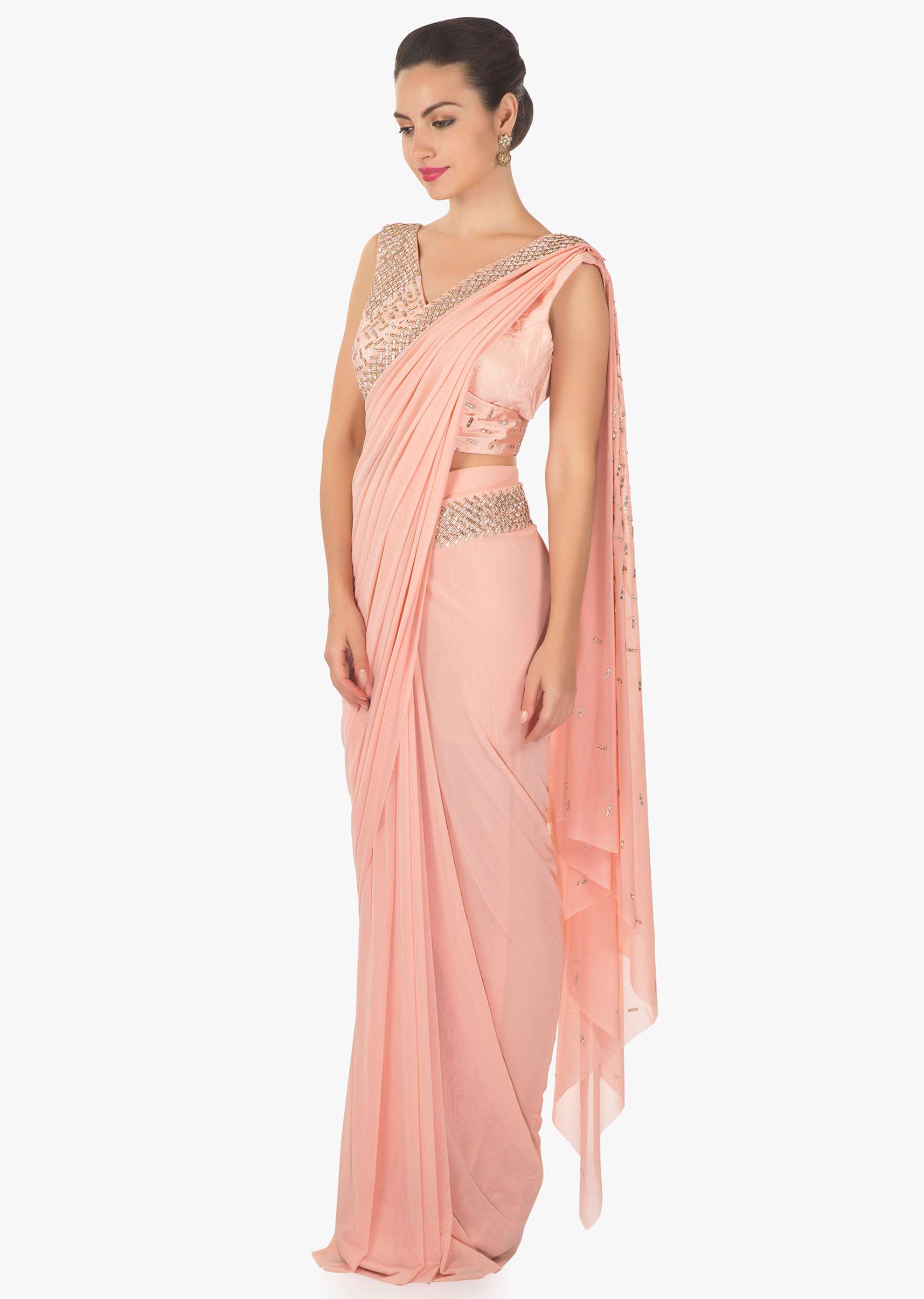 Pink ready pleated saree in lycra net embellished in kundan work