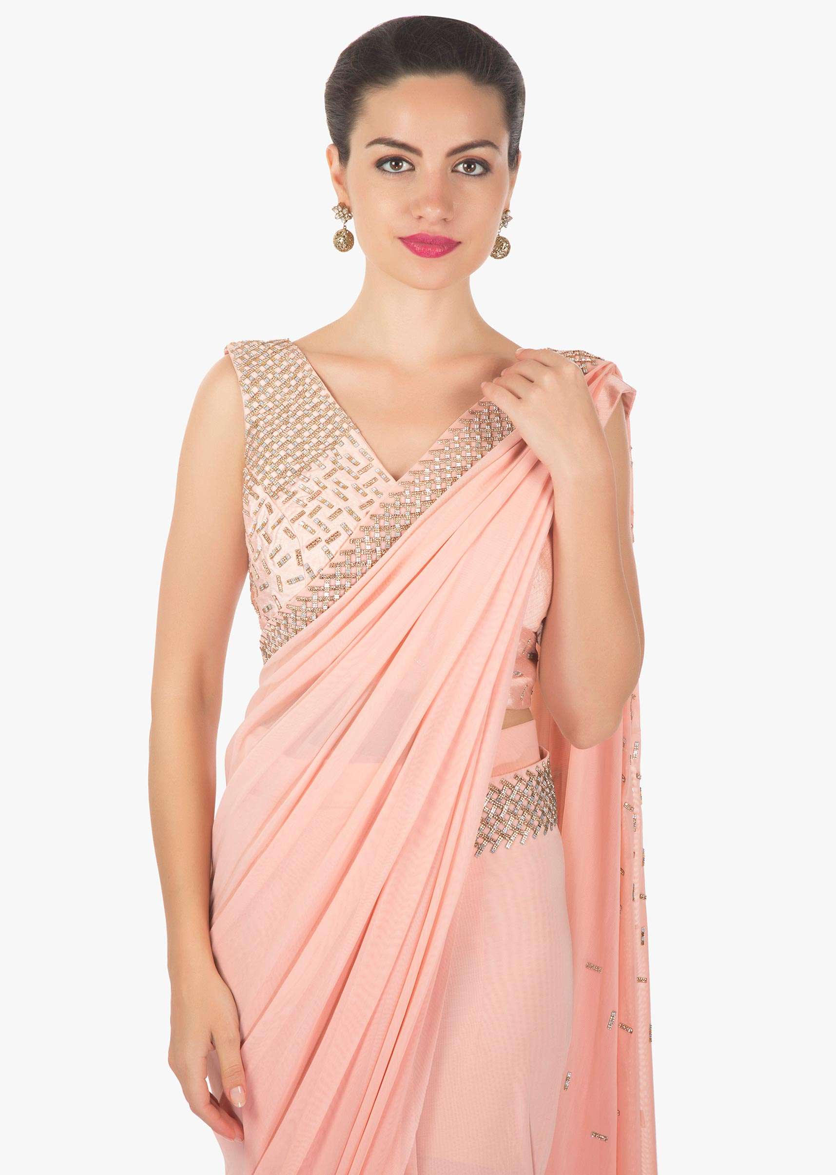 Pink ready pleated saree in lycra net embellished in kundan work