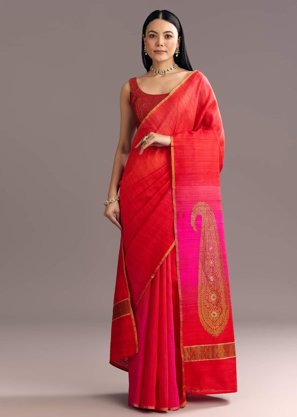 Pink Red Kora Silk Handloom Saree With Woven Traditional Motif