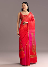 Pink Red Kora Silk Handloom Saree With Woven Traditional Motif