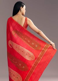 Pink Red Kora Silk Handloom Saree With Woven Traditional Motif