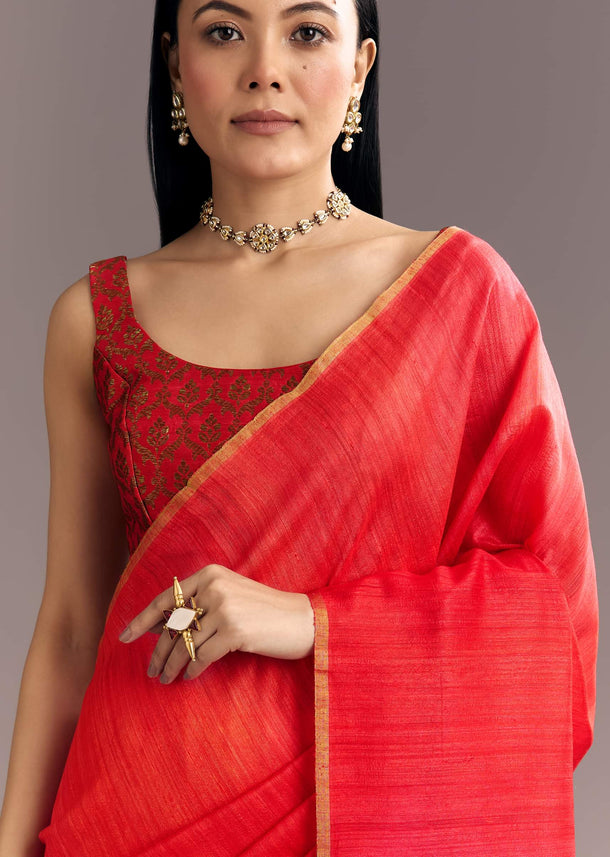 Pink Red Kora Silk Handloom Saree With Woven Traditional Motif