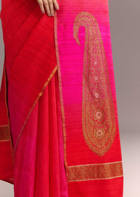 Pink Red Kora Silk Handloom Saree With Woven Traditional Motif