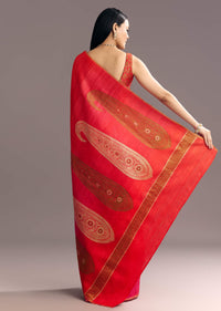 Pink Red Kora Silk Handloom Saree With Woven Traditional Motif