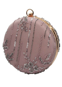 Pink Round Clutch With Silver Sequins And Cut Dana Embellished Floral Design By Pink Cocktail