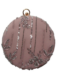 Pink Round Clutch With Silver Sequins And Cut Dana Embellished Floral Design By Pink Cocktail