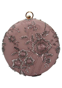 Pink Round Clutch With Silver Sequins And Cut Dana Embellished Floral Design By Pink Cocktail