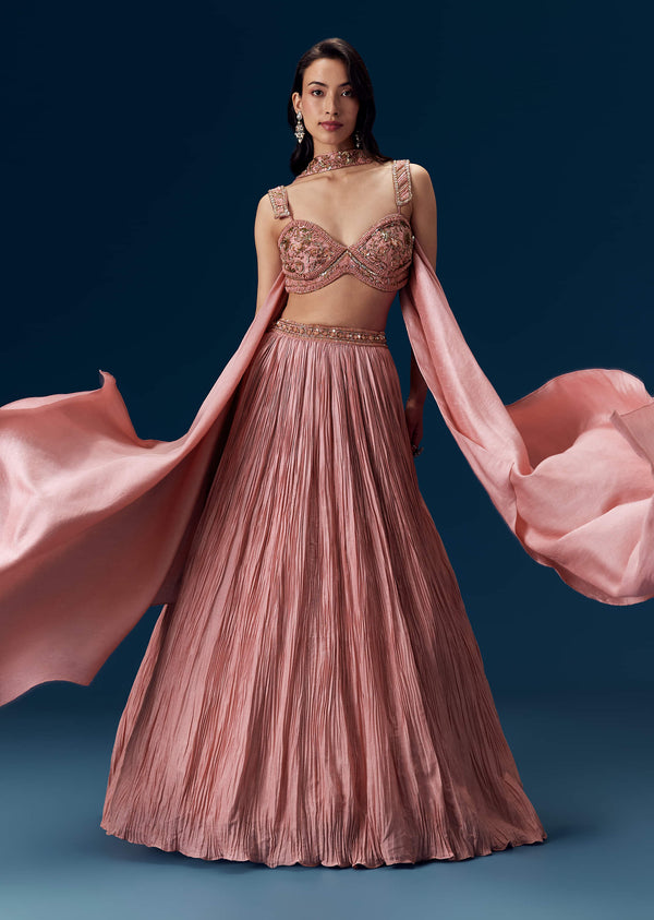 Pink Ruched Bridesmaid Lehega with Choker Dupatta