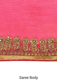 Champagne pink saree adorn in gotta patch embroidered border only on Kalki