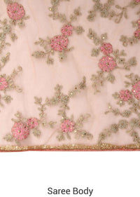 Pink saree embellished in resham in floral motif only on Kalki