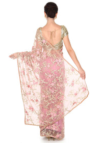 Pink saree embellished in resham in floral motif only on Kalki