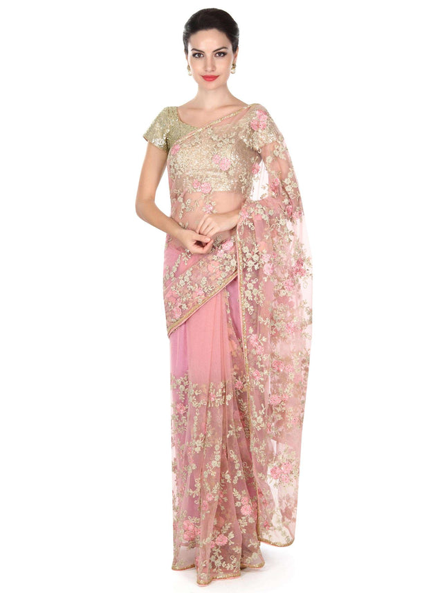 Pink saree embellished in resham in floral motif only on Kalki