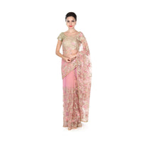 Pink saree embellished in resham in floral motif only on Kalki