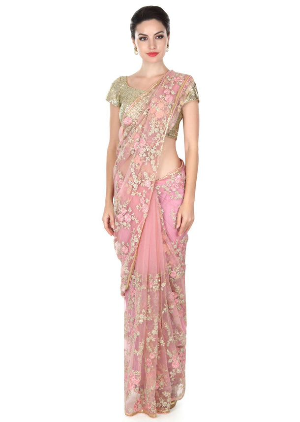 Pink saree embellished in resham in floral motif only on Kalki