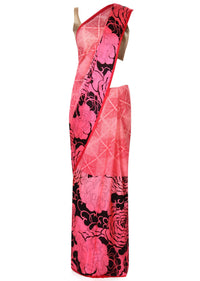 Pink saree in floral and checks print only on Kalki