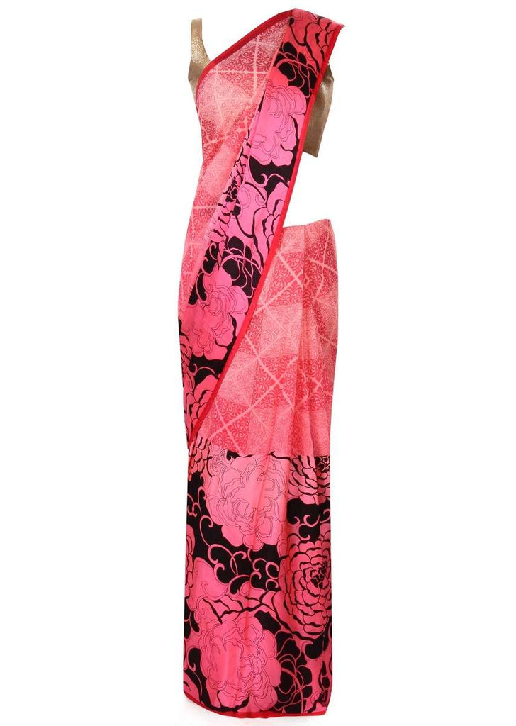 Pink saree in floral and checks print only on Kalki