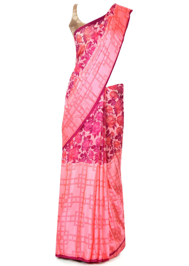 Pink saree in floral and checks print only on Kalki