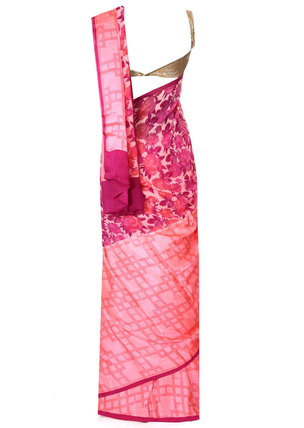 Pink saree in floral and checks print only on Kalki