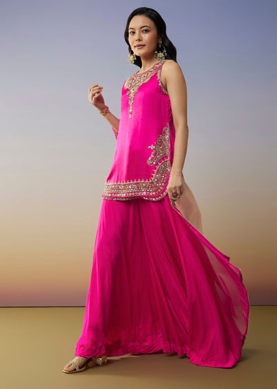 Pink Satin Palazzo Suit with Beads Sequins Work