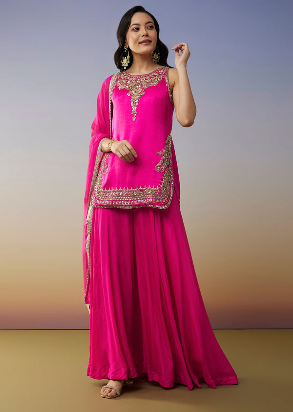 Pink Satin Palazzo Suit with Beads Sequins Work