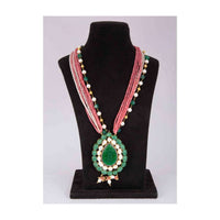 Pink shaded multi string necklace with a pearl drop shaped huge pendant in green beads only on Kalki