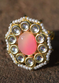 Pink Shaded Stone Ring With Kundan And Pearls In Floral Pattern