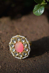 Pink Shaded Stone Ring With Kundan And Pearls In Floral Pattern