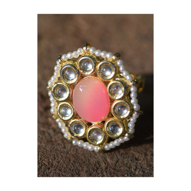 Pink Shaded Stone Ring With Kundan And Pearls In Floral Pattern