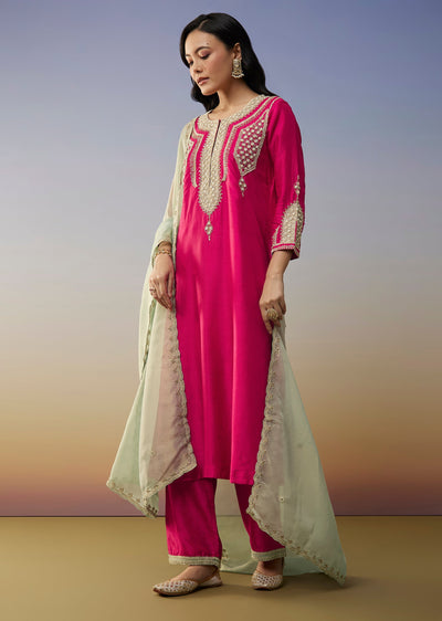 Pink Silk Anarkali Suits with Moti and Sequins Work